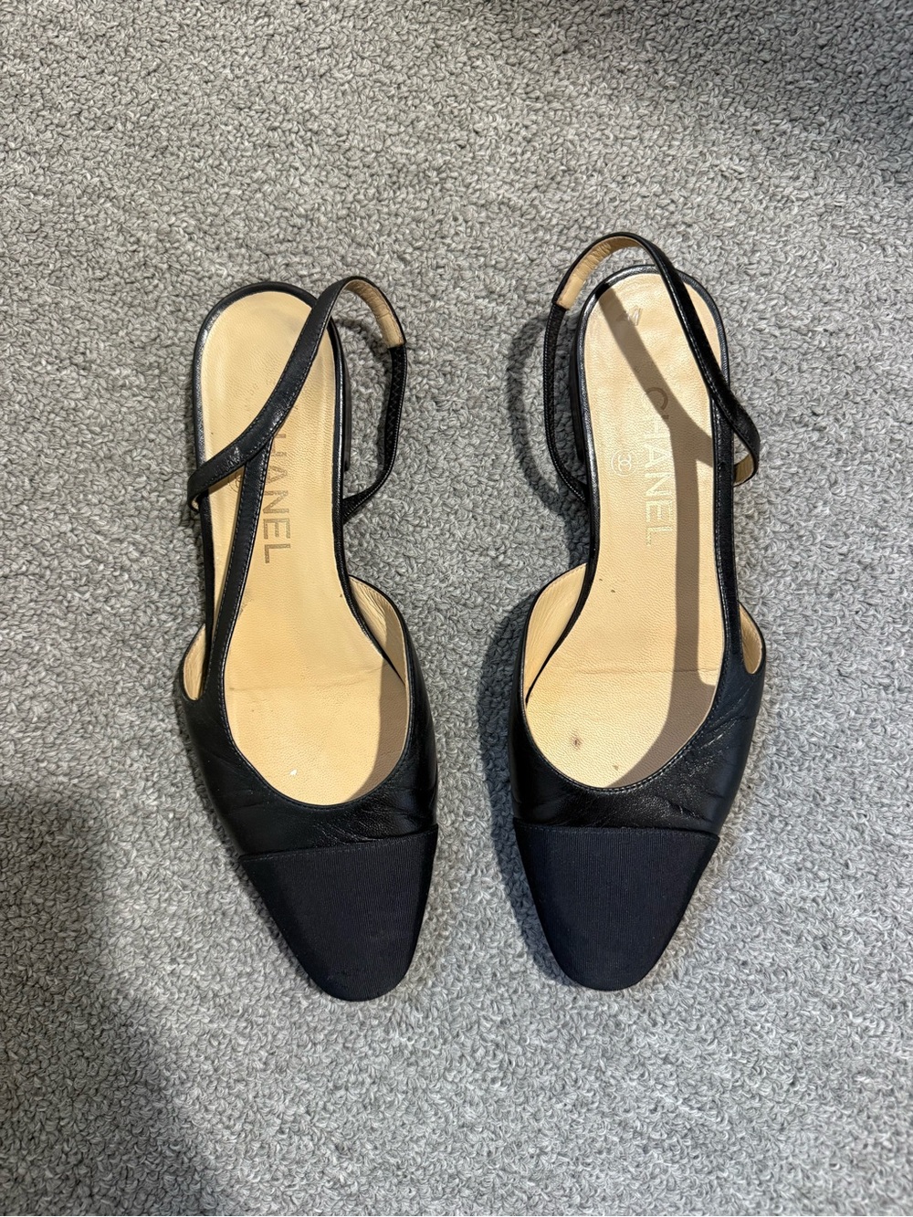 CHANEL Black Slingback Cap-Toe Mules